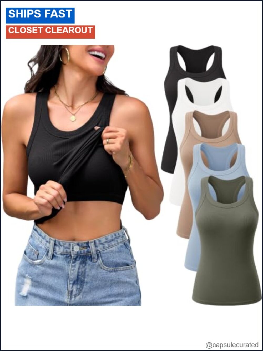 5 Pack Womens Ribbed Tank Tops with Built in Bra Racerback Sleeveless